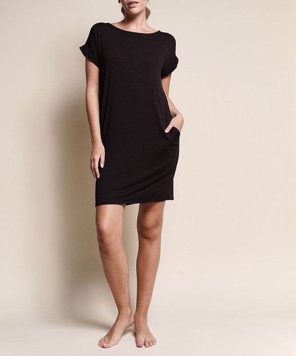 Black bamboo crop dress side view with short sleeves, crew neck, side pockets