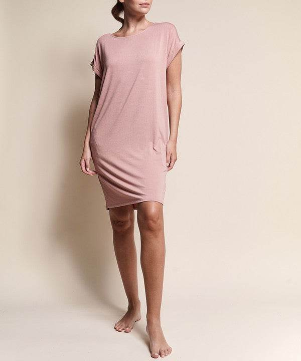 Mauve bamboo crop dress with short sleeves and crew neck, draped relaxed fit