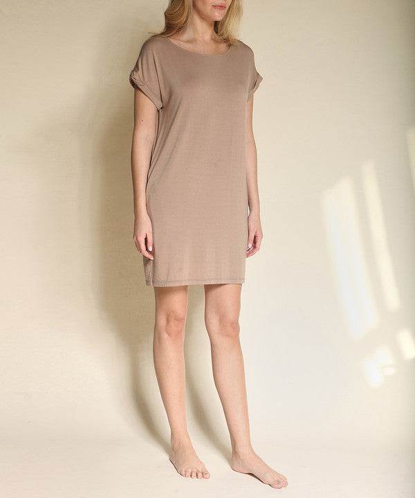 Bamboo crop dress with pockets in taupe, front view with relaxed fit