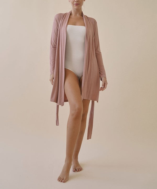 Rose robe cardigan with open front and hanging side tie at hem