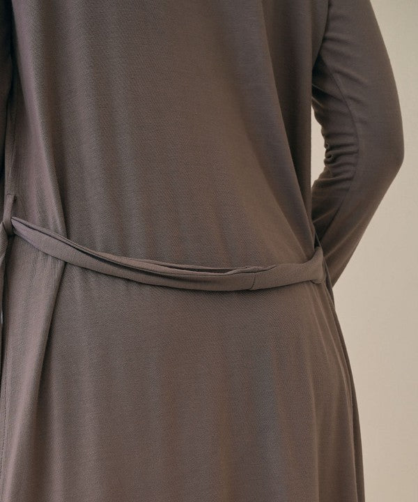 Bamboo robe cardigan waist tie detail in taupe color, gathered waistband at front.