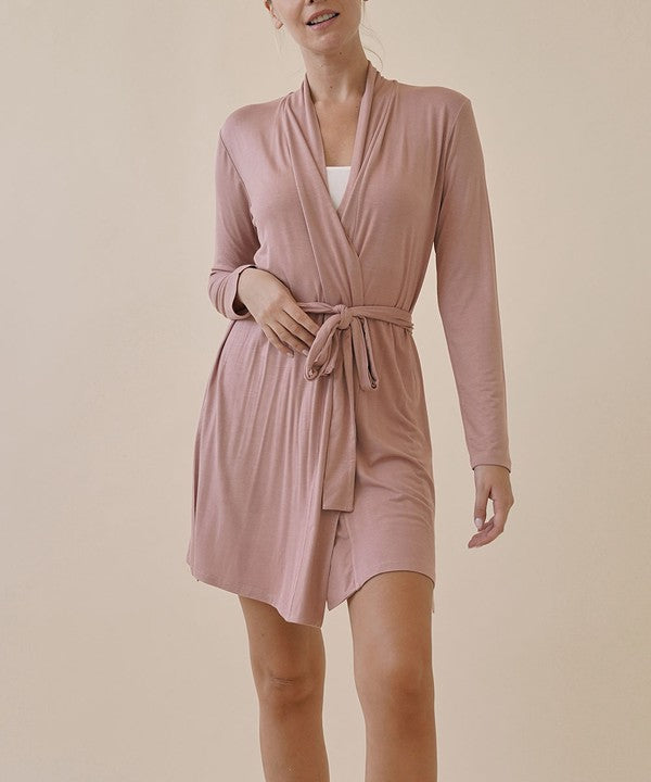 Bamboo robe cardigan in light pink, V-neck with waist tie, long sleeves and short robe.