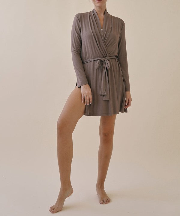 Bamboo robe cardigan in taupe, V-neck with belt tie at waist, long sleeves, short robe.