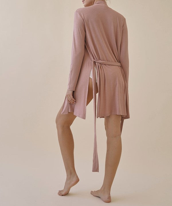 Rose robe cardigan back view with waist tie and long sleeves