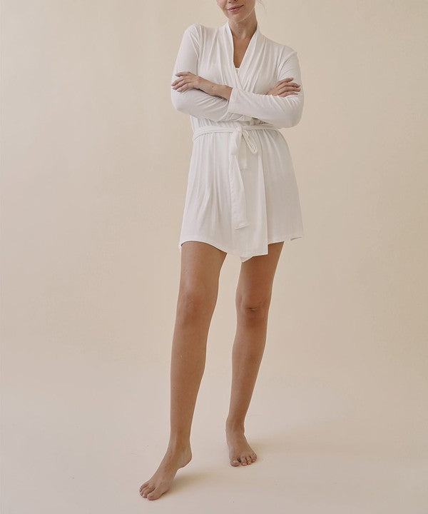 Bamboo robe cardigan in ivory, V-neck with waist tie, long sleeves, short robe fit.