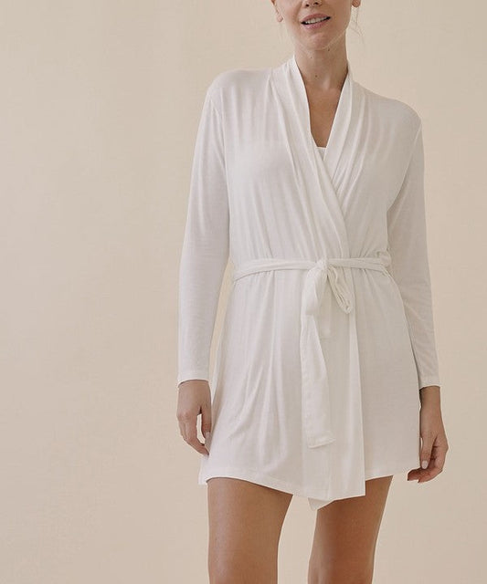 Bamboo robe cardigan in ivory, V-neck with tie belt, long sleeves, short robe length.