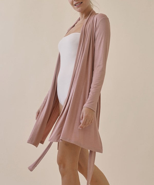 Rose robe cardigan with open draped front and long sleeves