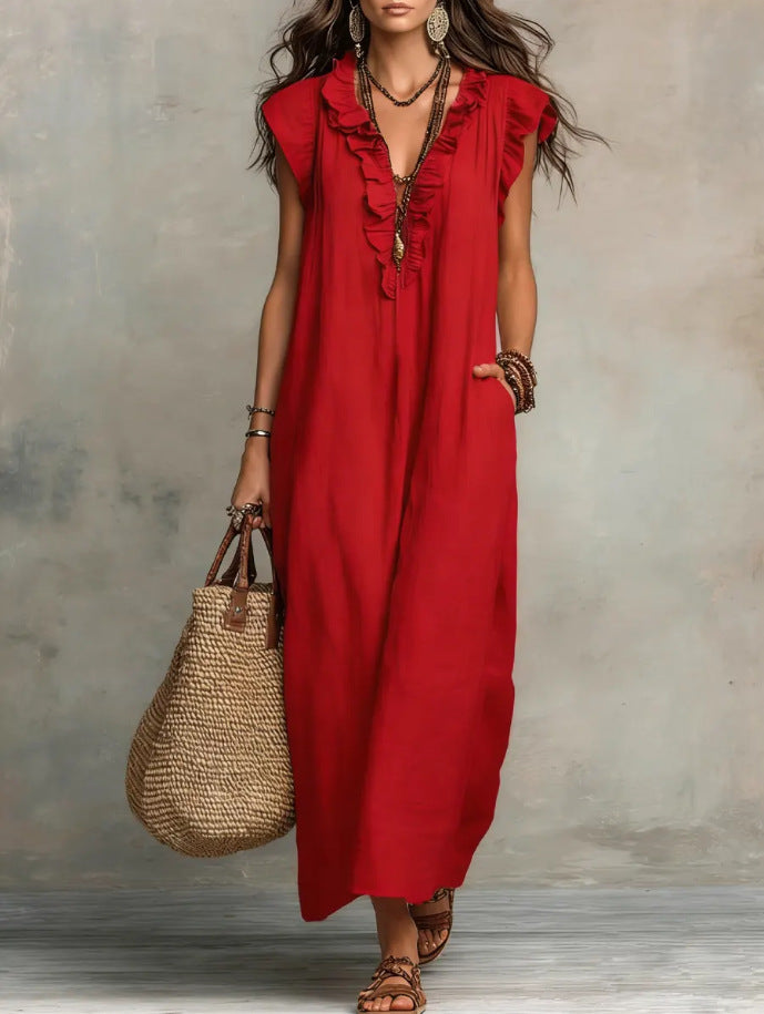 Red sleeveless maxi dress with ruffle neckline and keyhole button front