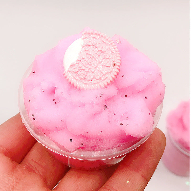 Lollipop slime in clear cup with pink patterned disk and sprinkles