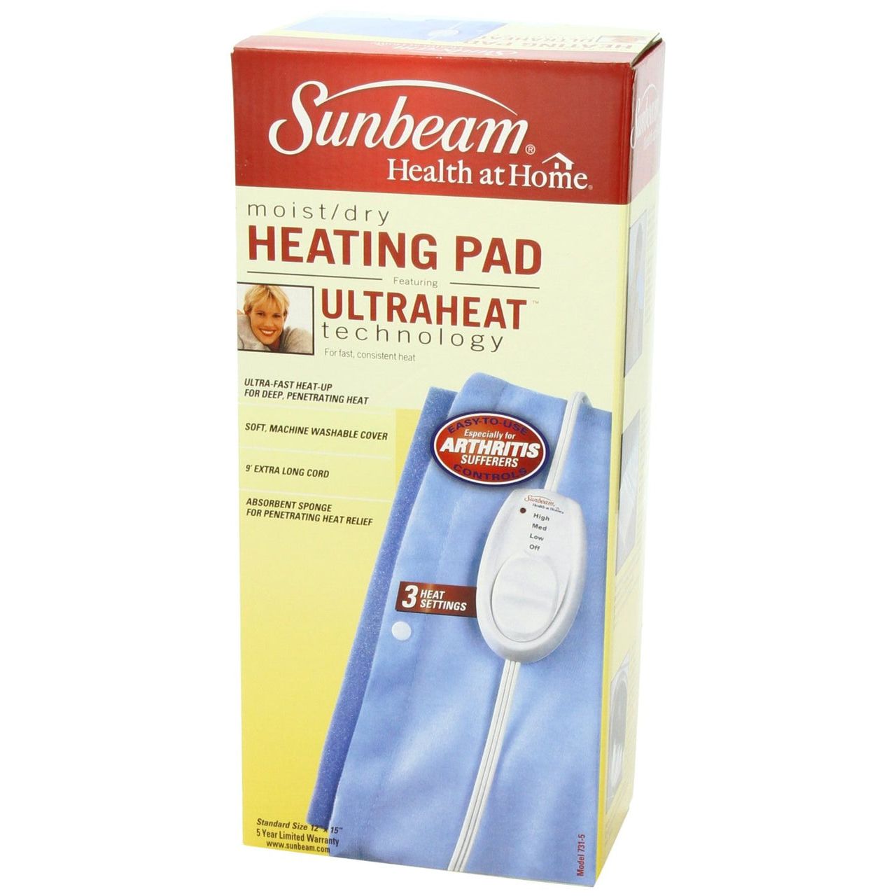 Sunbeam moist/dry heating pad box with Ultraheat technology and 3 heat settings