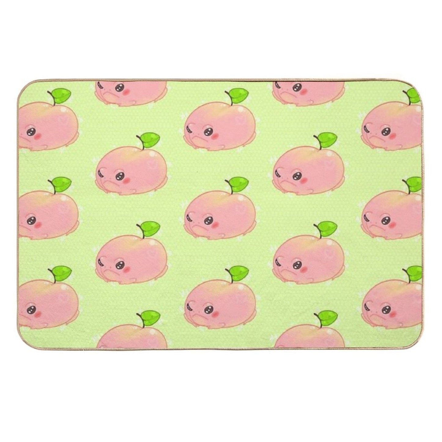 Peach frog bath mat with cute frog pattern on light green background, rounded edges