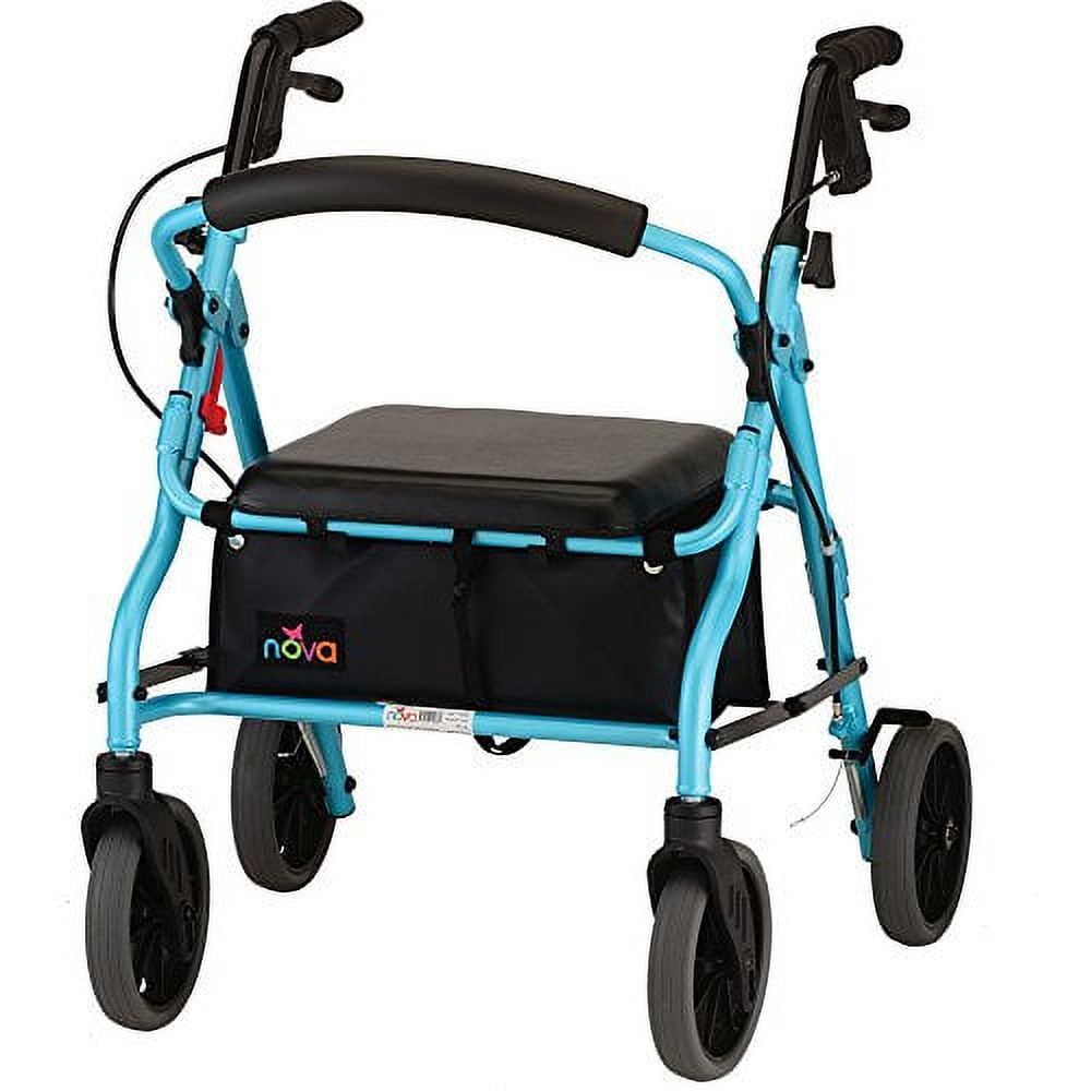 Sky blue rollator walker with padded seat and backrest, flip-up armrests and 4 wheels