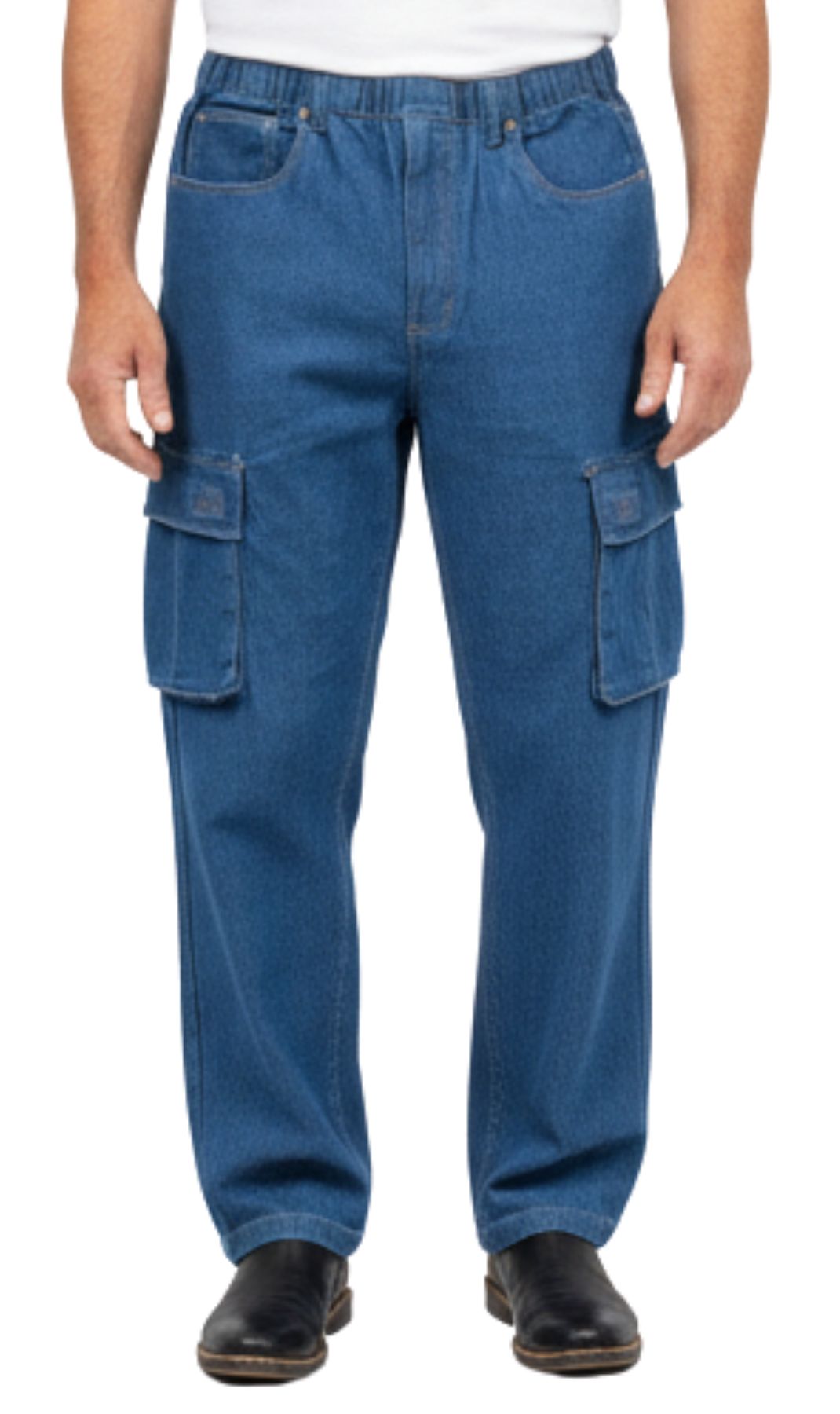 Blue cargo pants worn by a person on a white background
