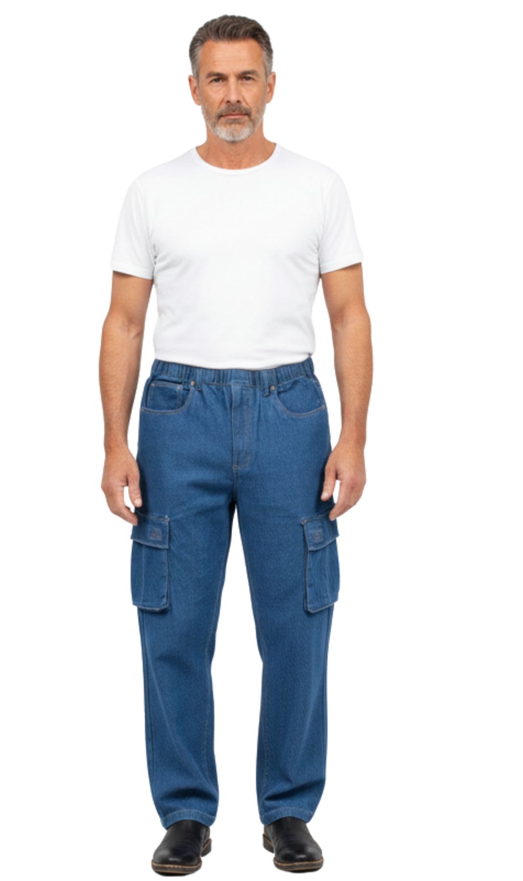 Man wearing blue cargo pants and a white t-shirt on a white background