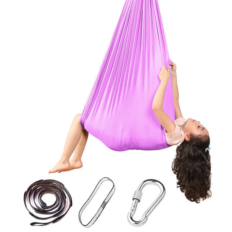 Sensory hammock swing chair in purple fabric with hanging rope and carabiners