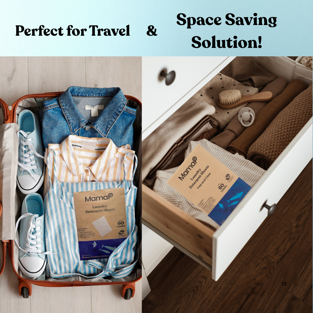 Laundry detergent sheets package in a drawer among folded clothes and socks