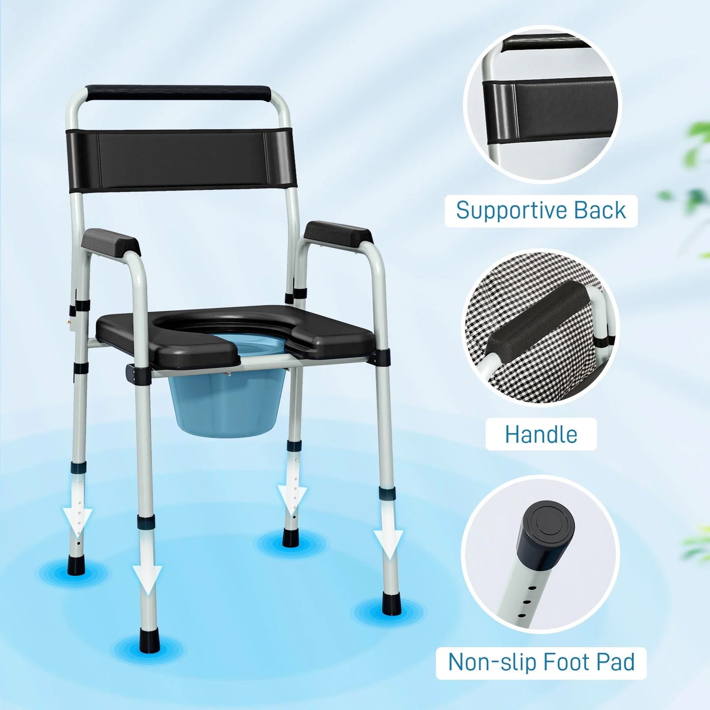 Commode chair with supportive back, black seat pad, blue bucket, and handle details