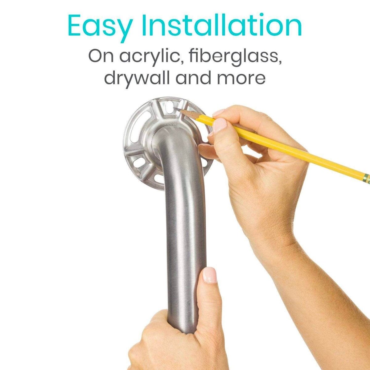 Brushed nickel 16-inch grab bar shown being installed with a tool and mounting plate