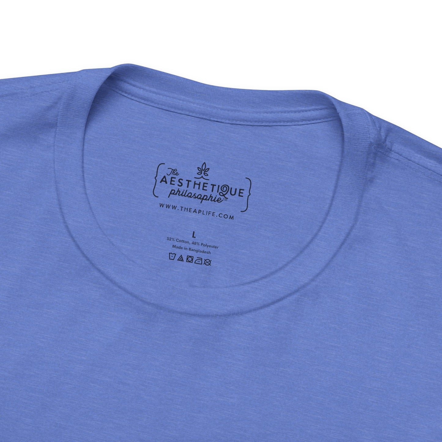 Heather blue unisex jersey tee neck label on back collar