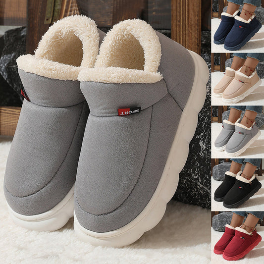 Grey plush-lined house shoes with fuzzy strap and thick white sole