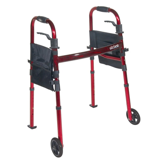 Portable folding travel walker, red frame with cushioned hand grips and wheels