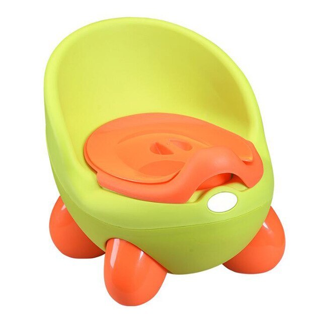 Kids cartoon potty stool in light green with orange seat insert and orange front legs