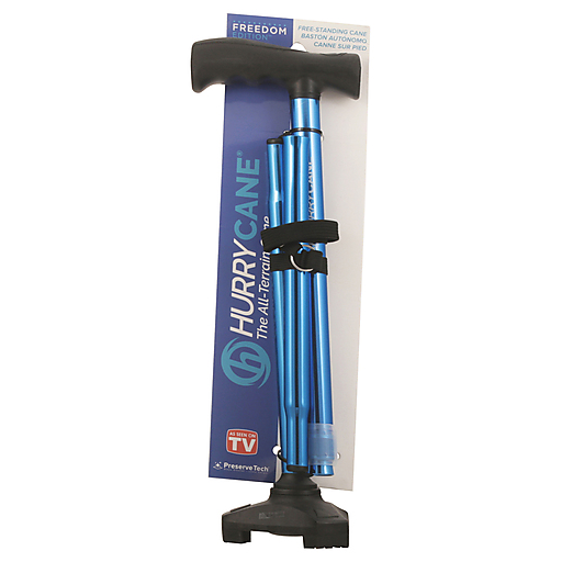 Blue folding cane with T handle, Freedom Edition, in retail packaging