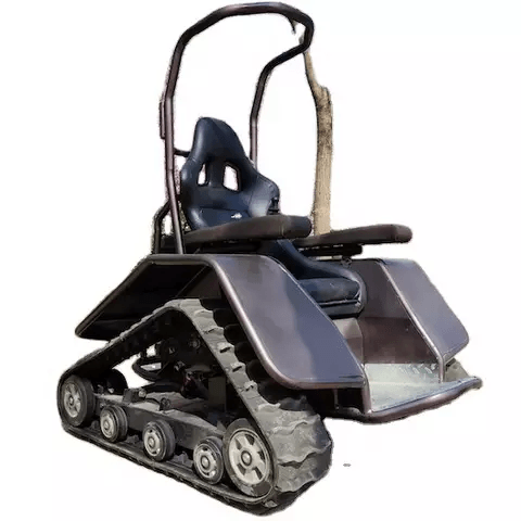 Compact black electric all-terrain wheelchair with wide foot platform and small tracks