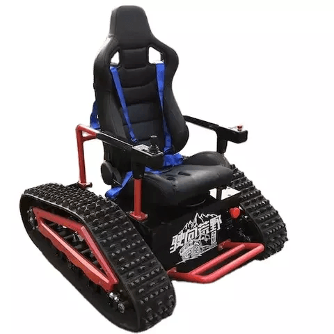 Black and blue electric wheelchair with red accent frame on rubber tread tracks