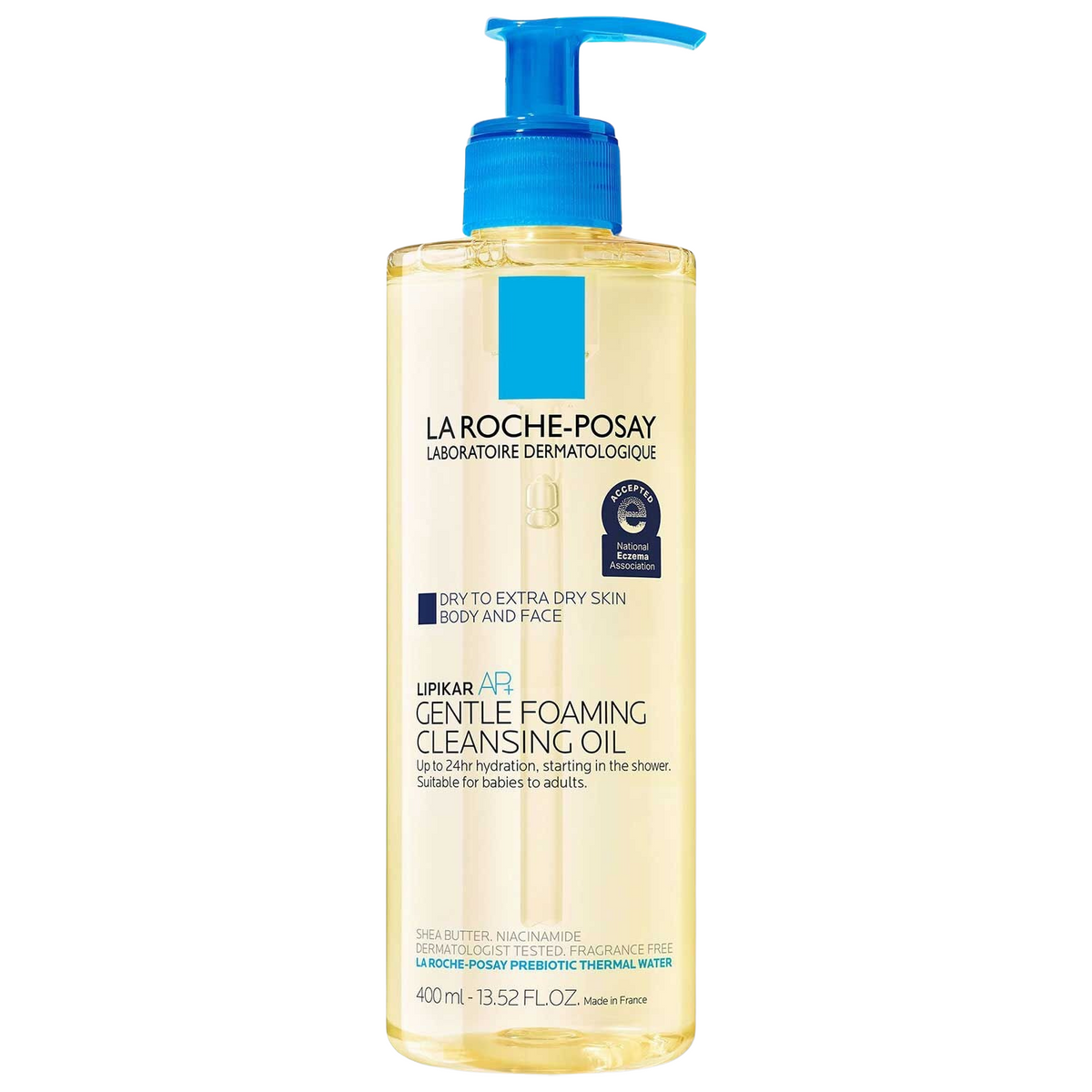La Roche-Posay Lipikar cleansing oil pump bottle, amber with blue dispenser