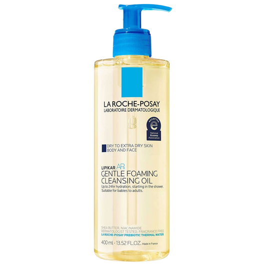 La Roche-Posay Lipikar cleansing oil pump bottle, amber with blue dispenser