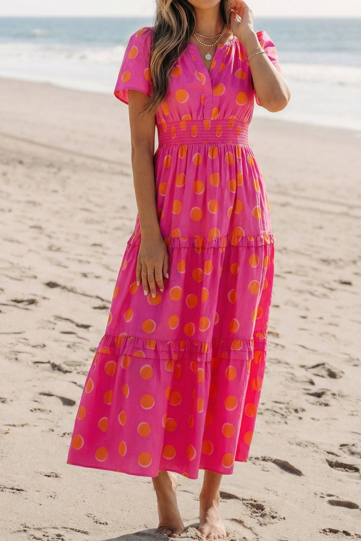 Rose high-waist tiered midi dress with yellow dot print, V-neck, short sleeves