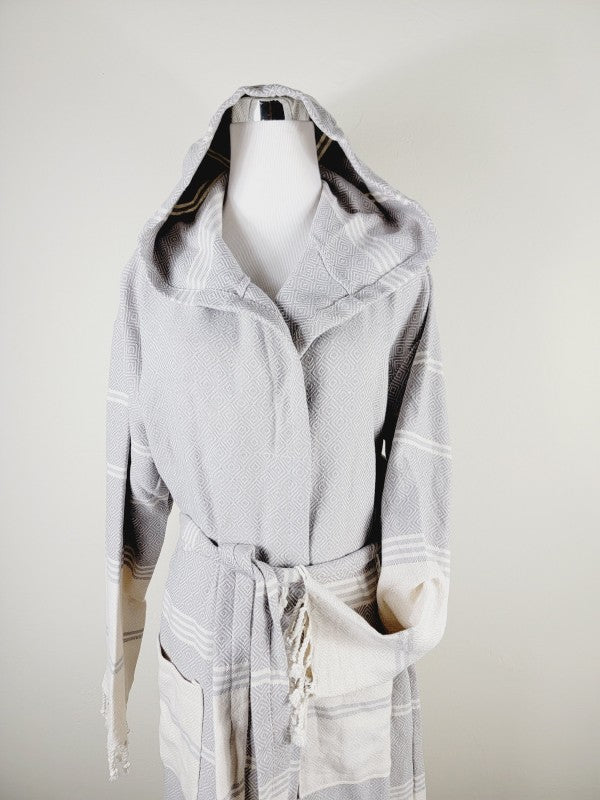 Gray unisex hooded robe with tie belt and side pockets, long sleeves, fringe hem
