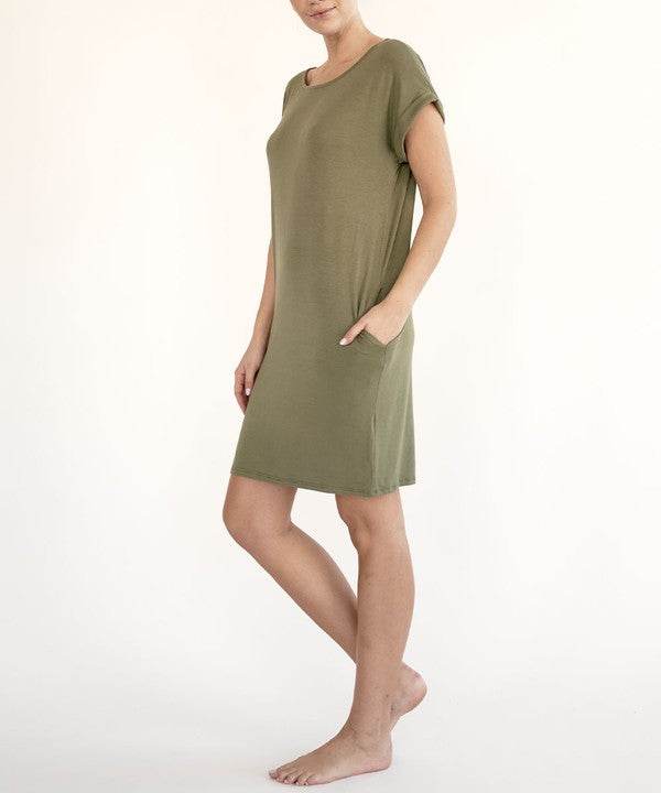 Bamboo crop dress with pockets in olive, short sleeves and crew neckline