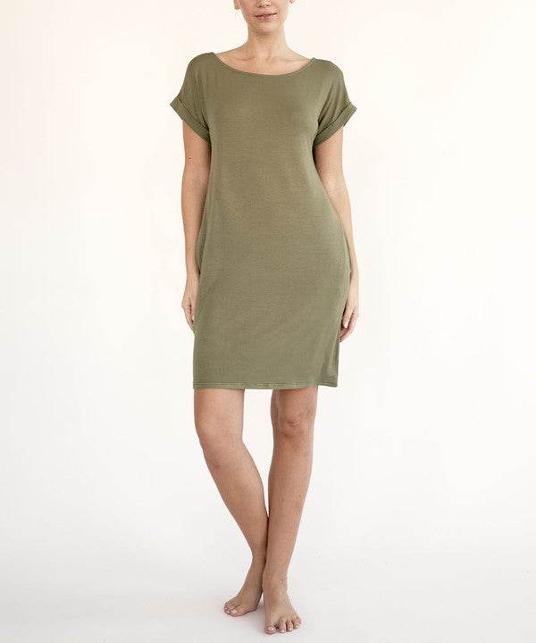 Olive bamboo crop dress front view with short sleeves, crew neck, side pockets