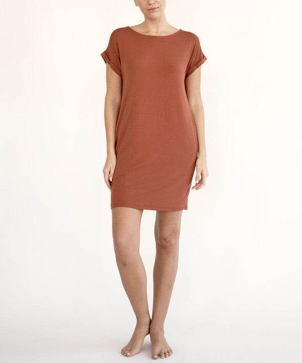 Rust bamboo crop dress front view with short sleeves, crew neck, side pockets