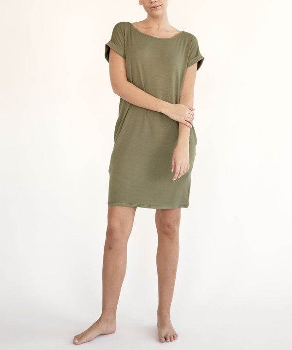 Olive bamboo crop dress with short sleeves and crew neck, relaxed fit above knee
