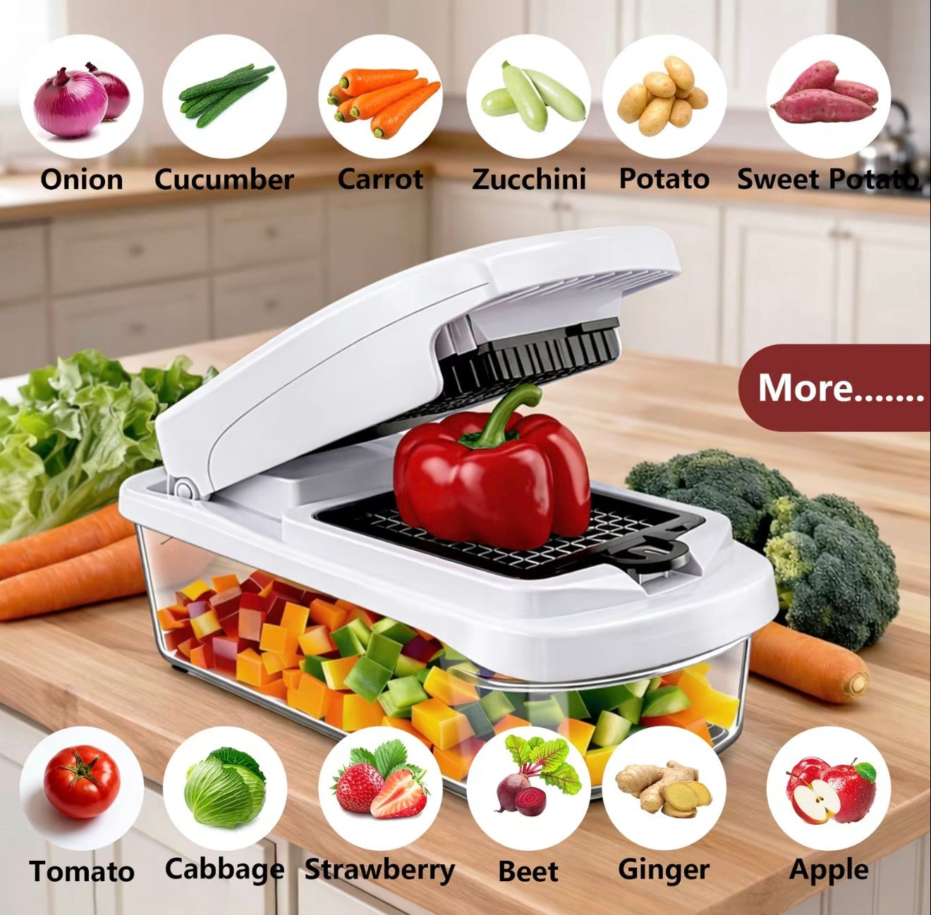 Multi-blade vegetable chopper with clear container, white handle, and black slicing plate