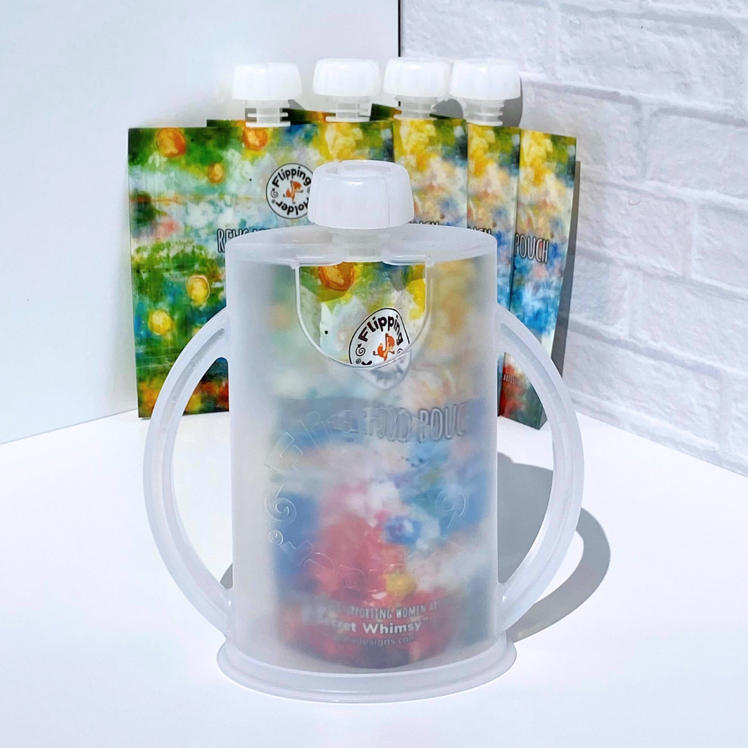 Food pouch holder cup with clear handles and multiple pouches behind