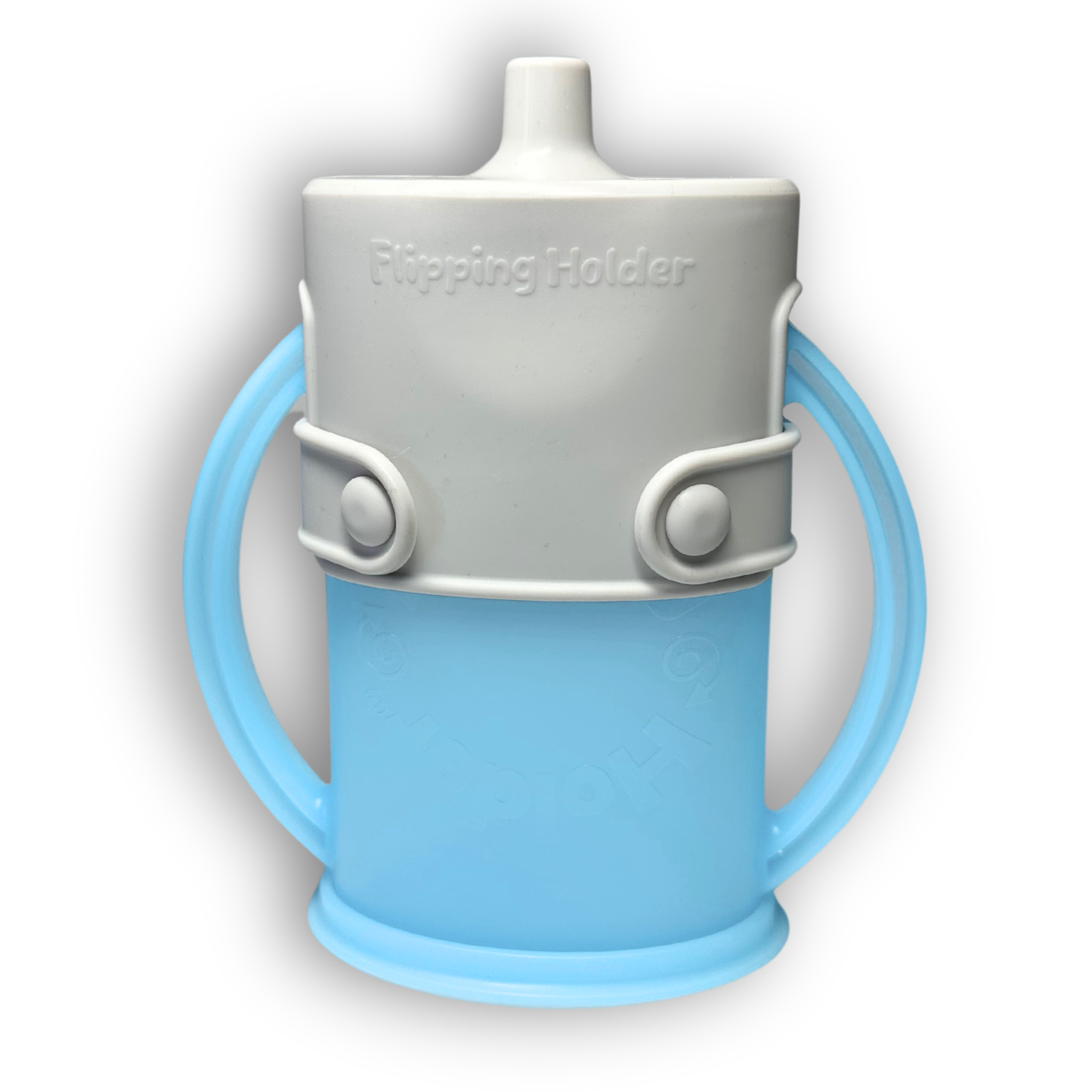 Blue flipping holder with a gray spill-proof sip top and side tabs