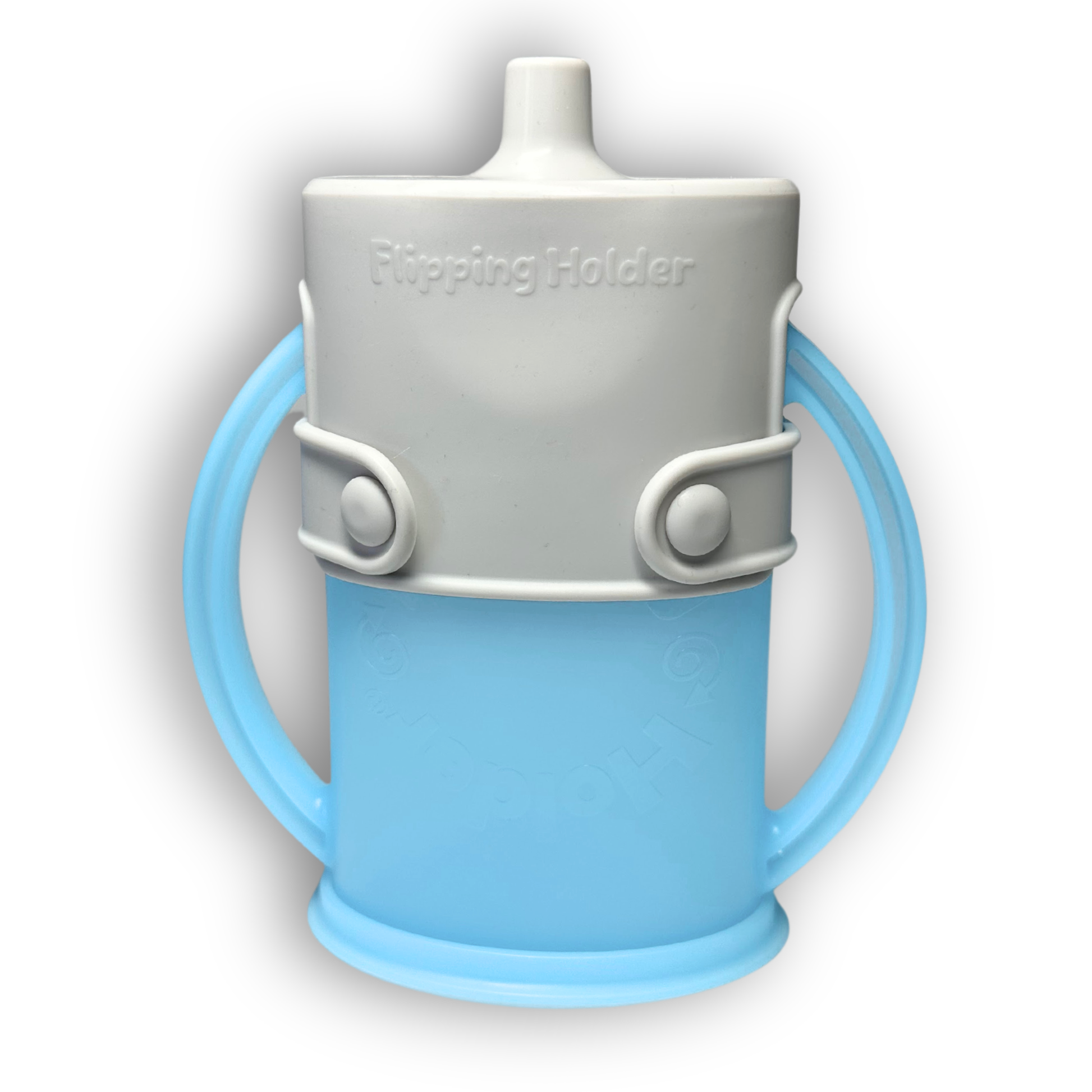 Blue flipping holder with a gray spill-proof sip top and side tabs