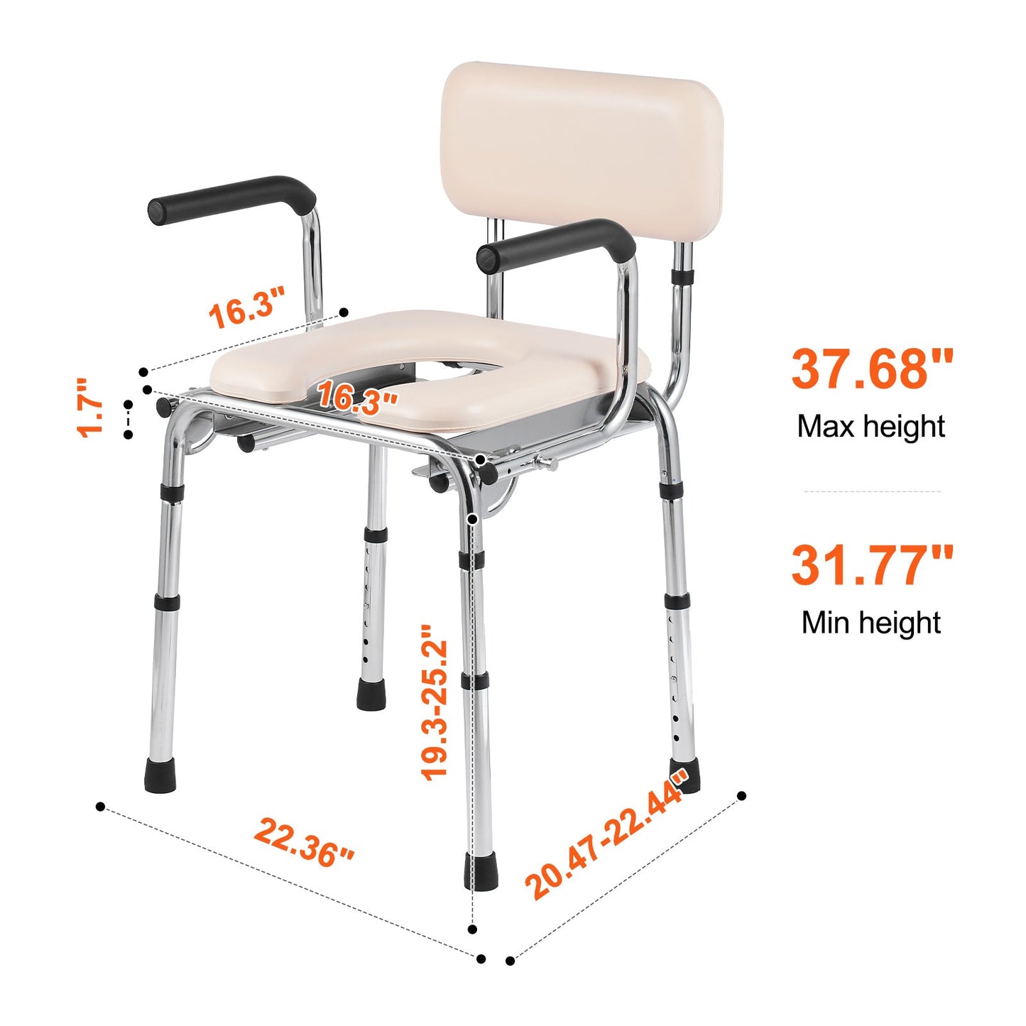 Adjustable commode chair with beige seat and backrest with max/min height legs