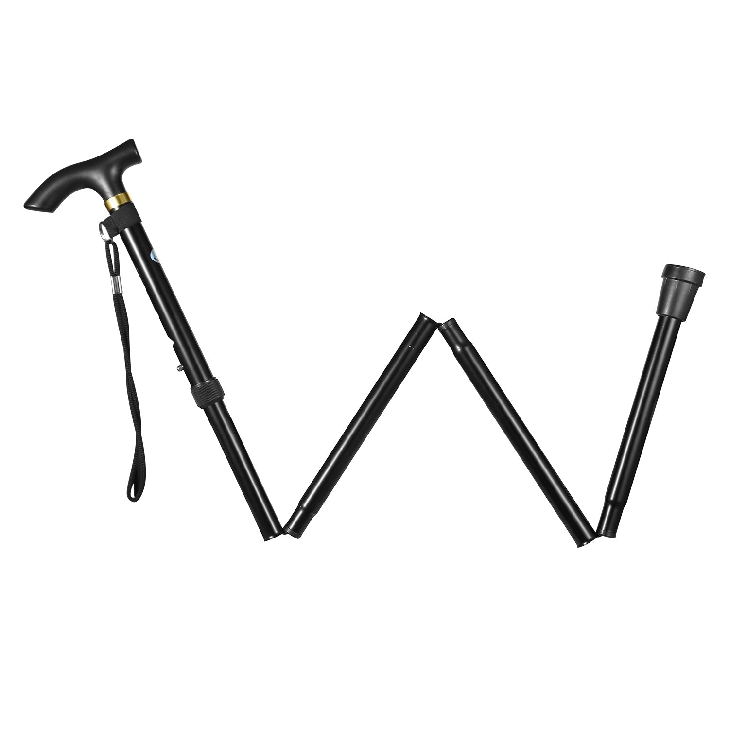 Black folding walking cane with adjustable height and anti-slip rubber tip