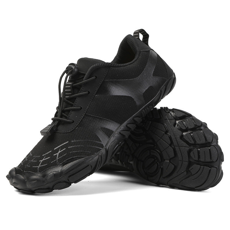 Black hiking shoes with lace-up closure and chunky tread outsole, side and sole view