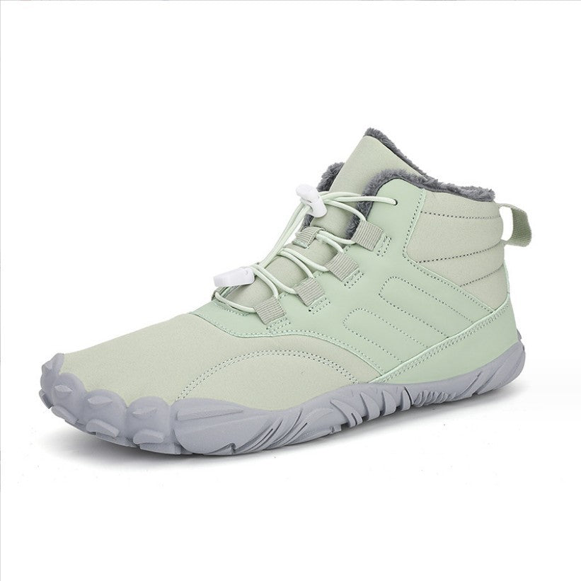 Men's light green snow boots with lace-up straps, fleece lining, and grippy outsole