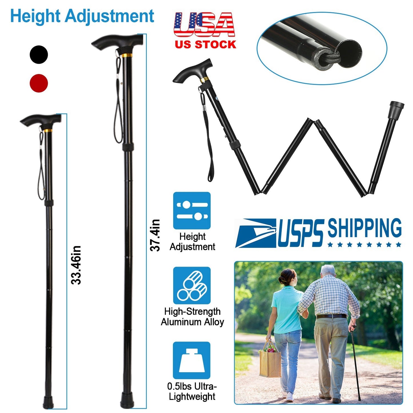 Black adjustable folding walking stick with anti-slip rubber tip and fold lock