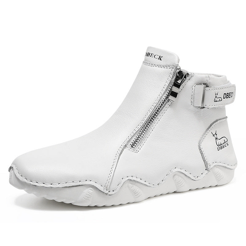 White high-top ankle boot with side zipper, ankle strap, and rugged treaded outsole.