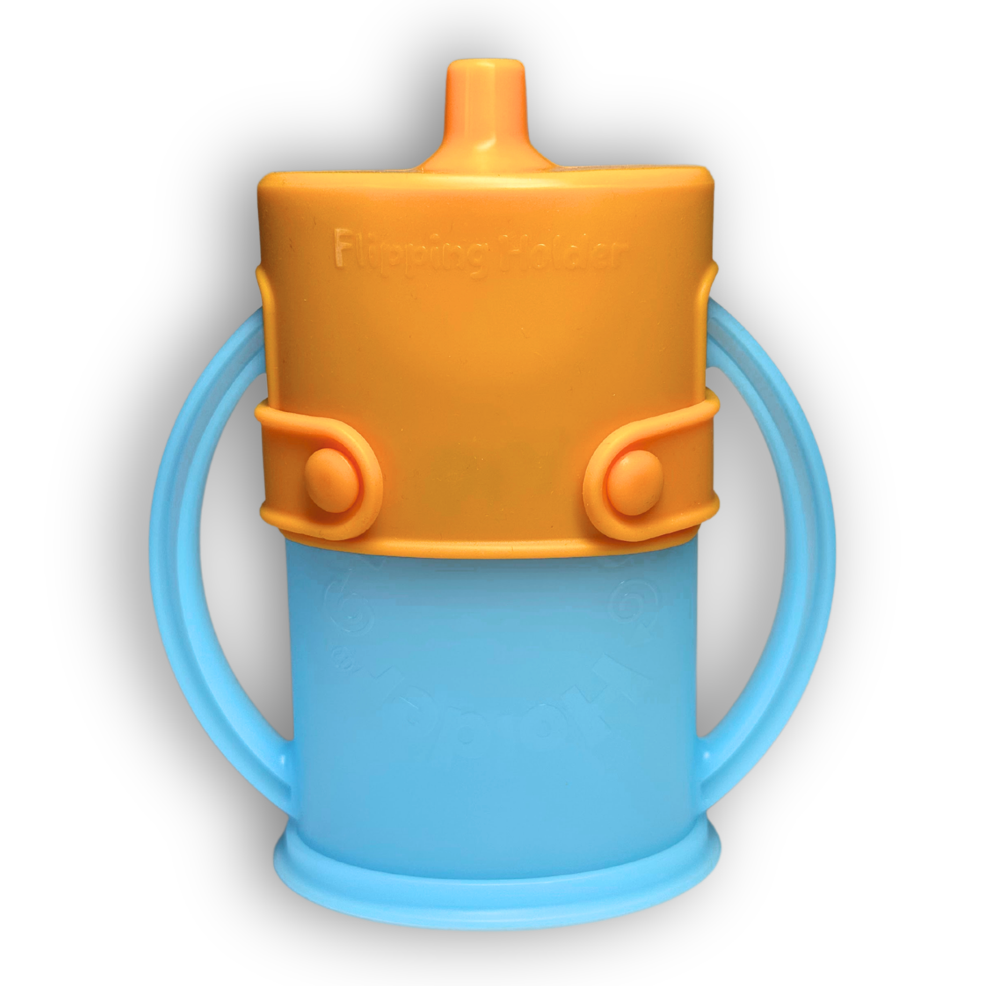 Orange spill-proof sip top on a blue flipping holder with side handles