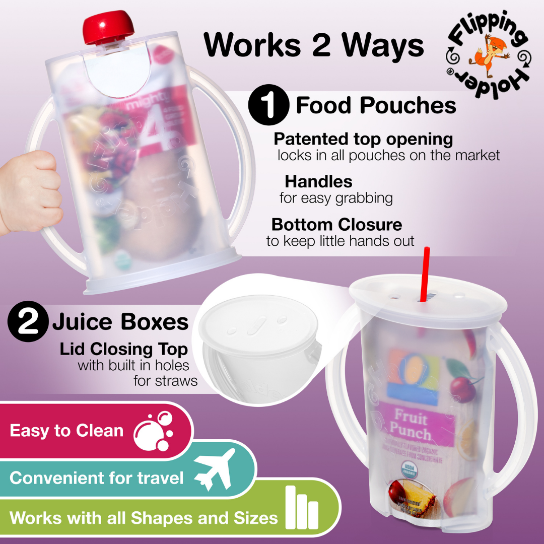 Gift-ready bundle with clear handled food pouch cups and lidded juice box container