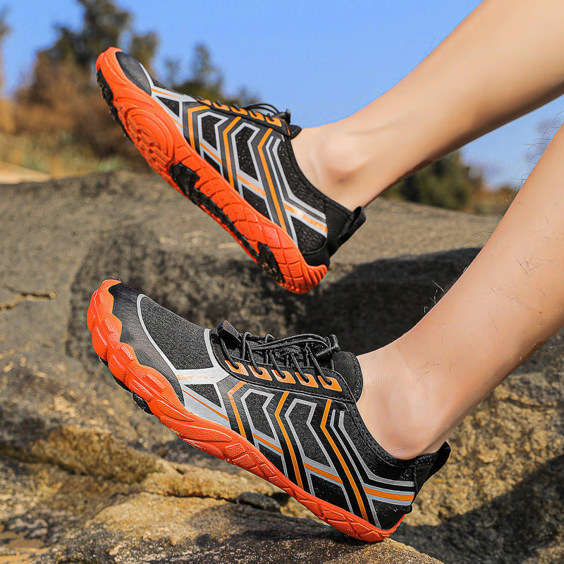 Men and women travel leisure shoes, black with orange sole, white zigzag stripes, lace-up